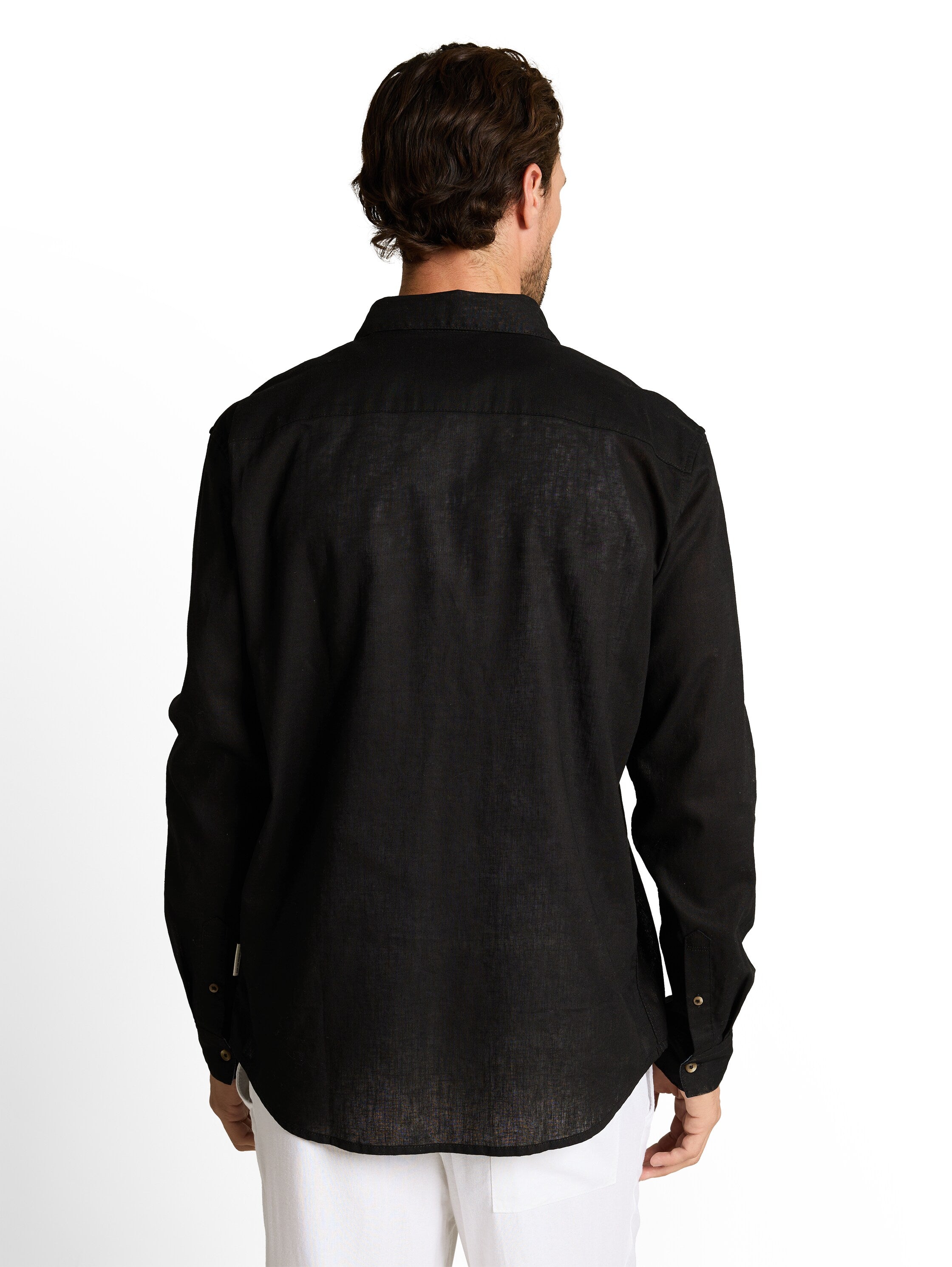 Tom Tailor Black Long Sleeved Regular Fit Shirt With Linen Blend