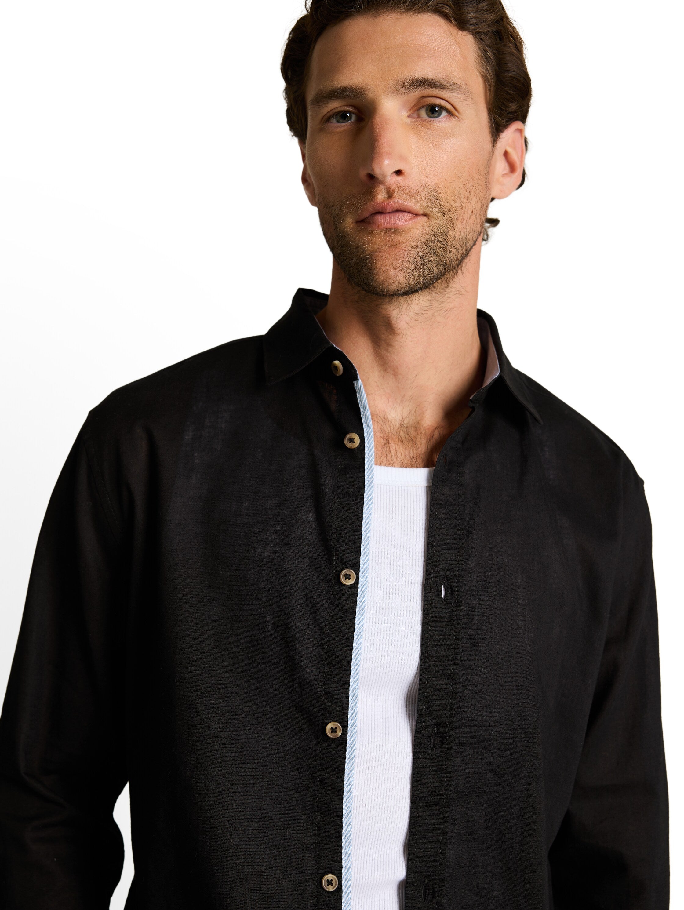 Tom Tailor Black Long Sleeved Regular Fit Shirt With Linen Blend
