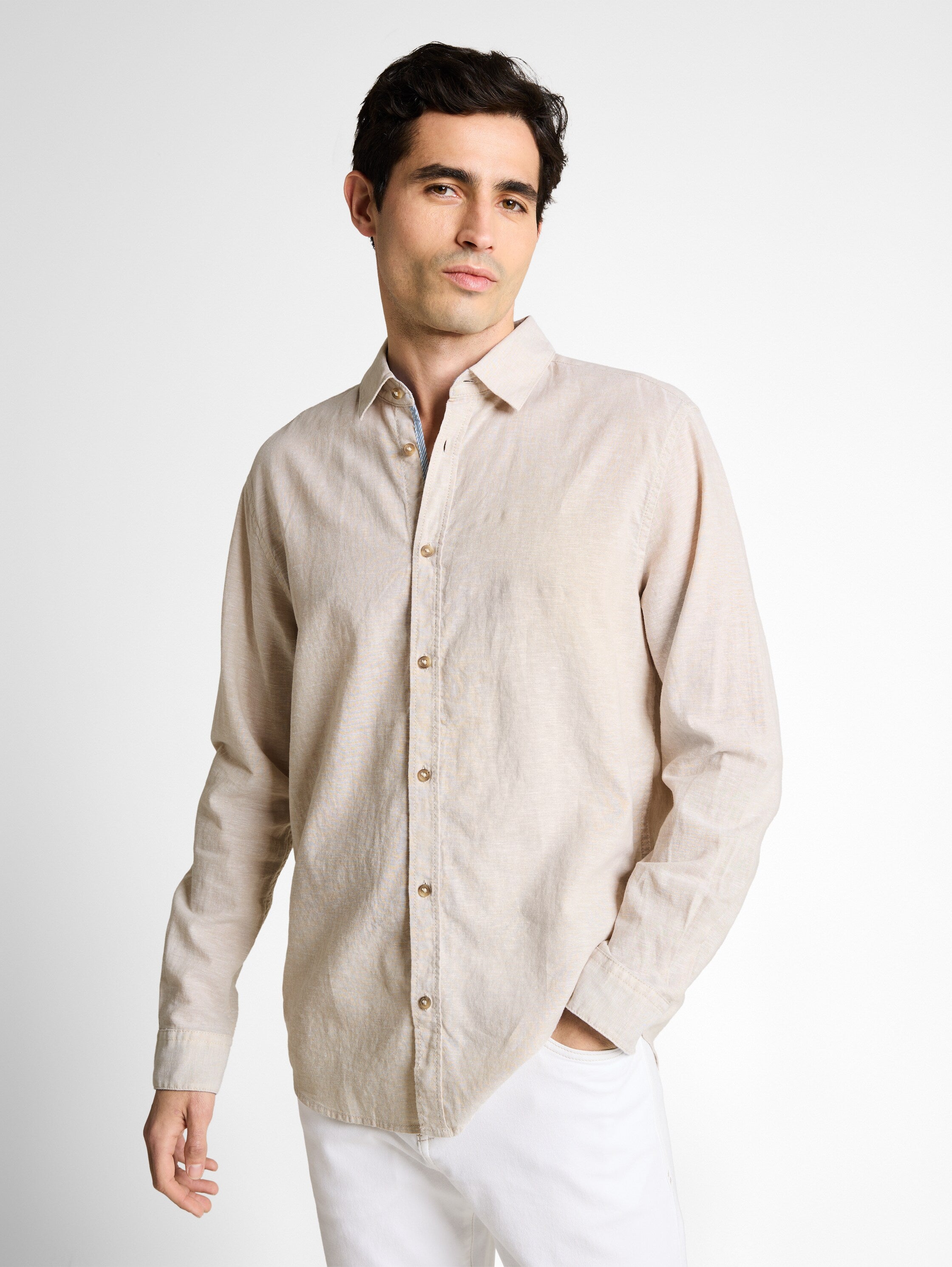 Tom Tailor Beige Long Sleeved Regular Fit Shirt With Linen Blend