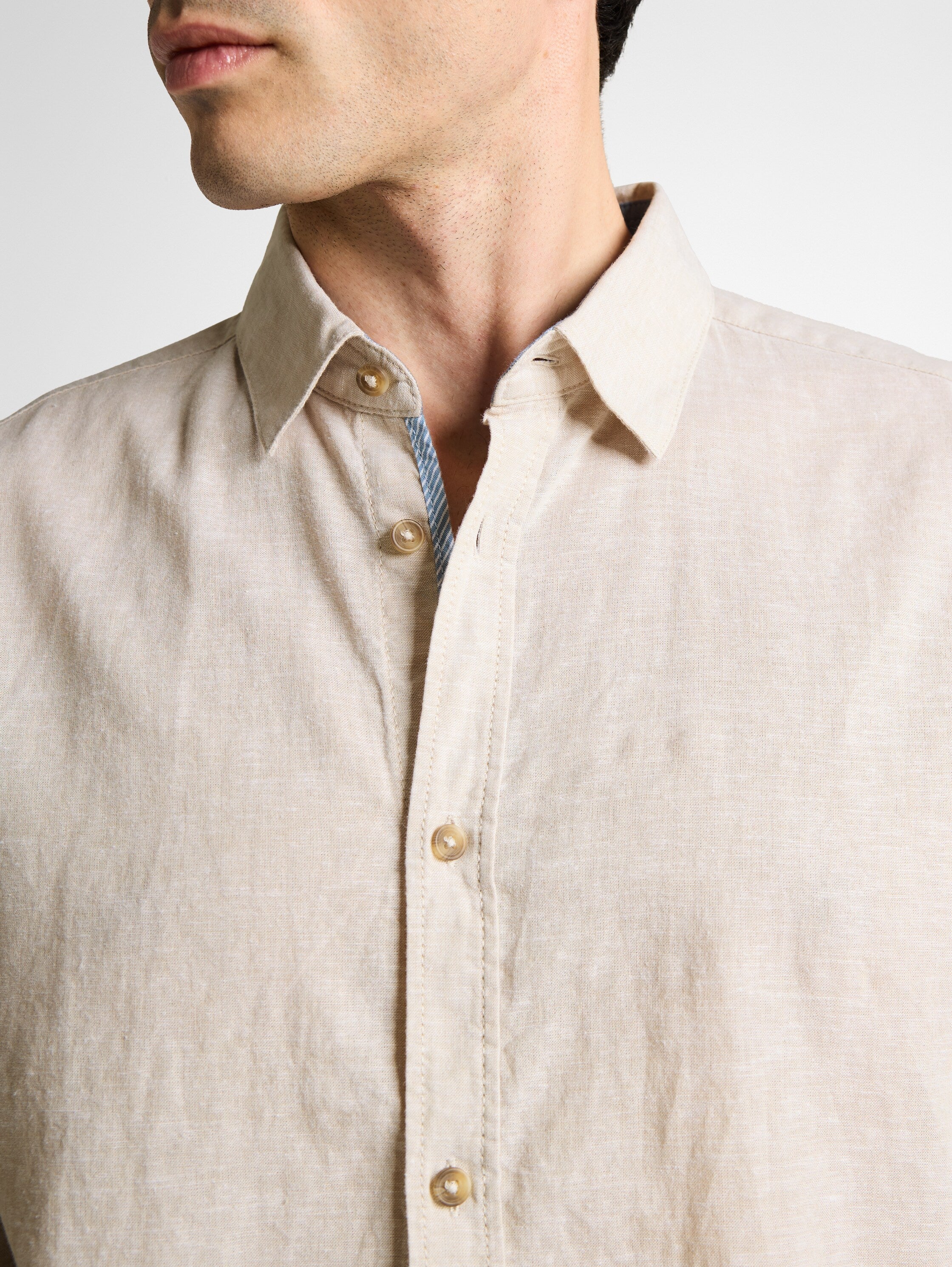 Tom Tailor Beige Long Sleeved Regular Fit Shirt With Linen Blend