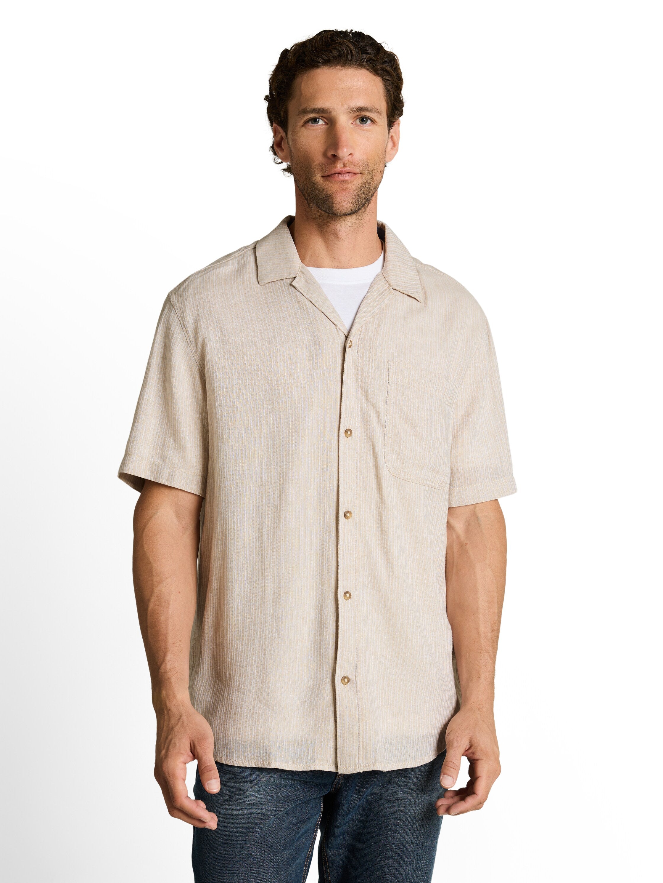 Tom Tailor Short Sleeved Beige Linen Shirt