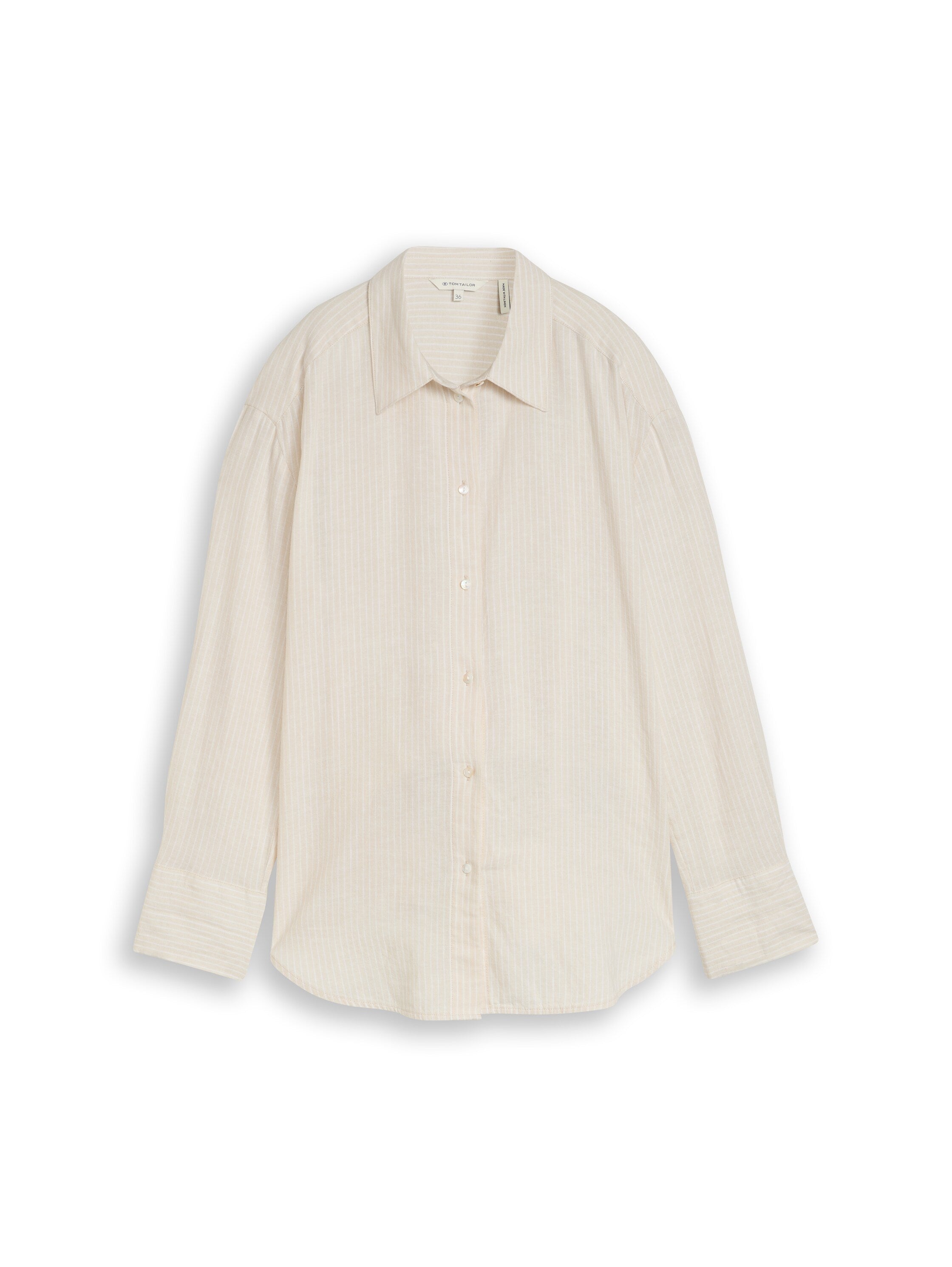Tom Tailor Beige Striped White Oversized Shirt With Linen Blend