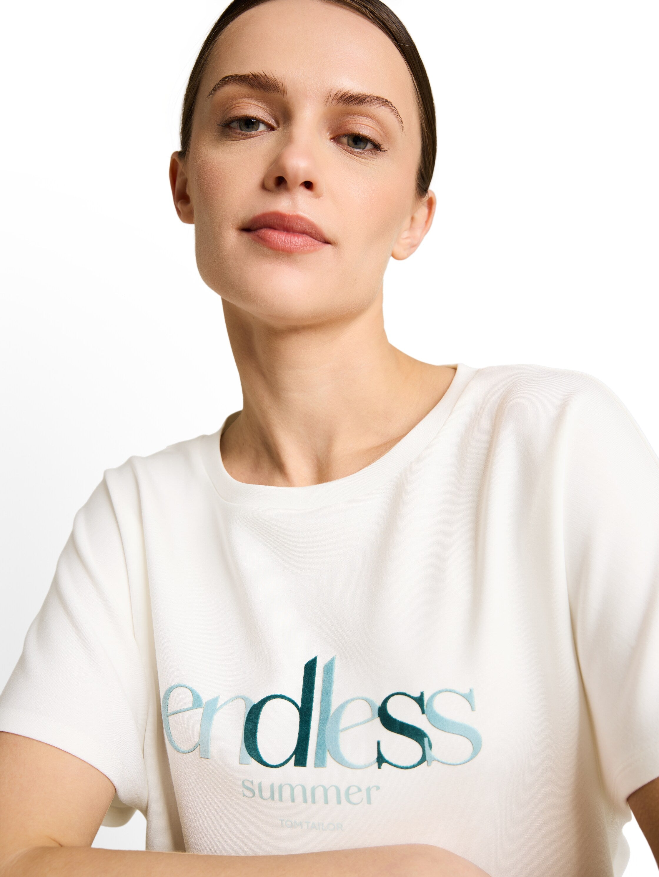 Tom Tailor White Loose-Fit Scuba T-shirt With Print