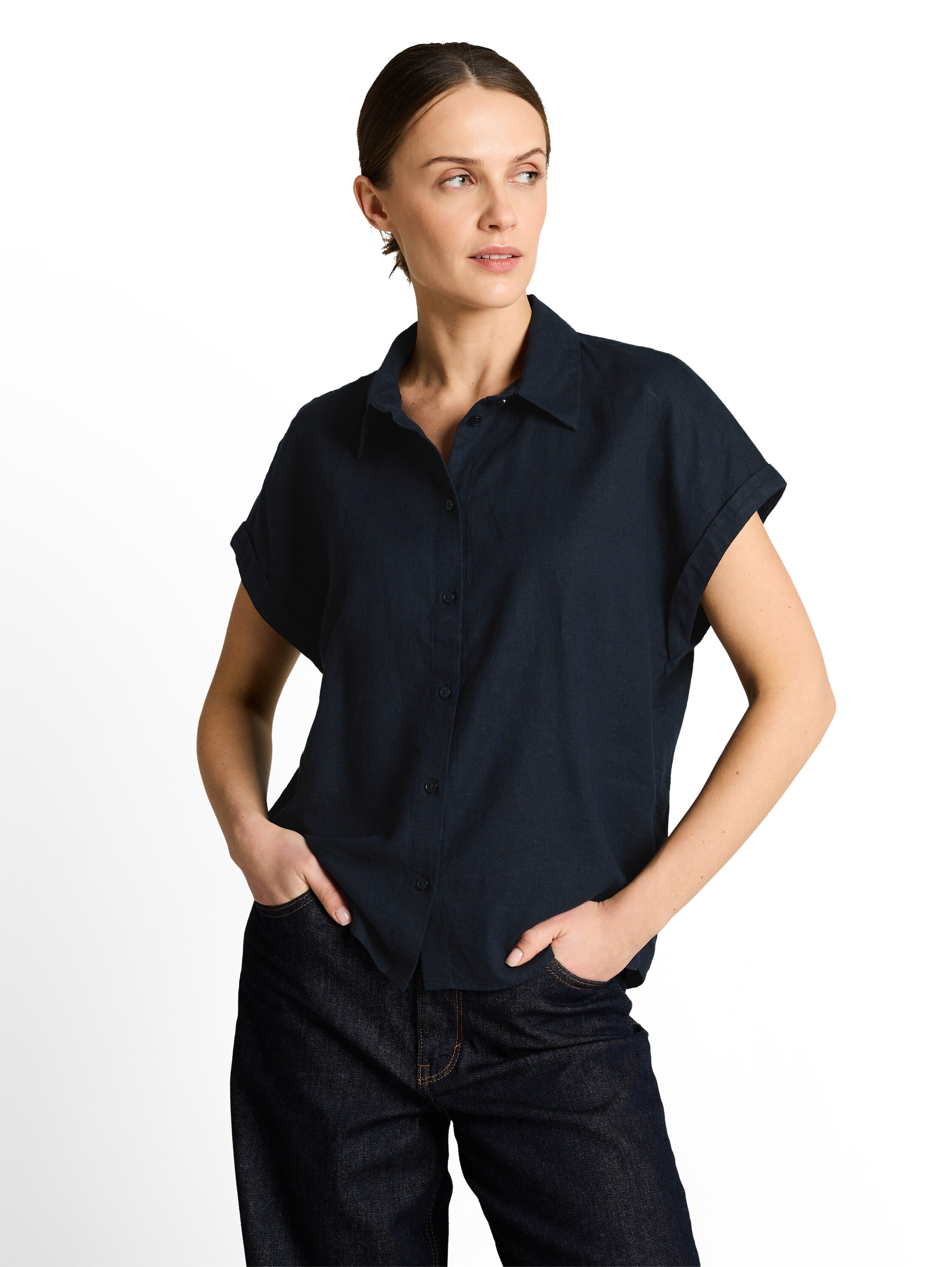 Tom Tailor Navy Loose-Fit Blouse With Linen Blend