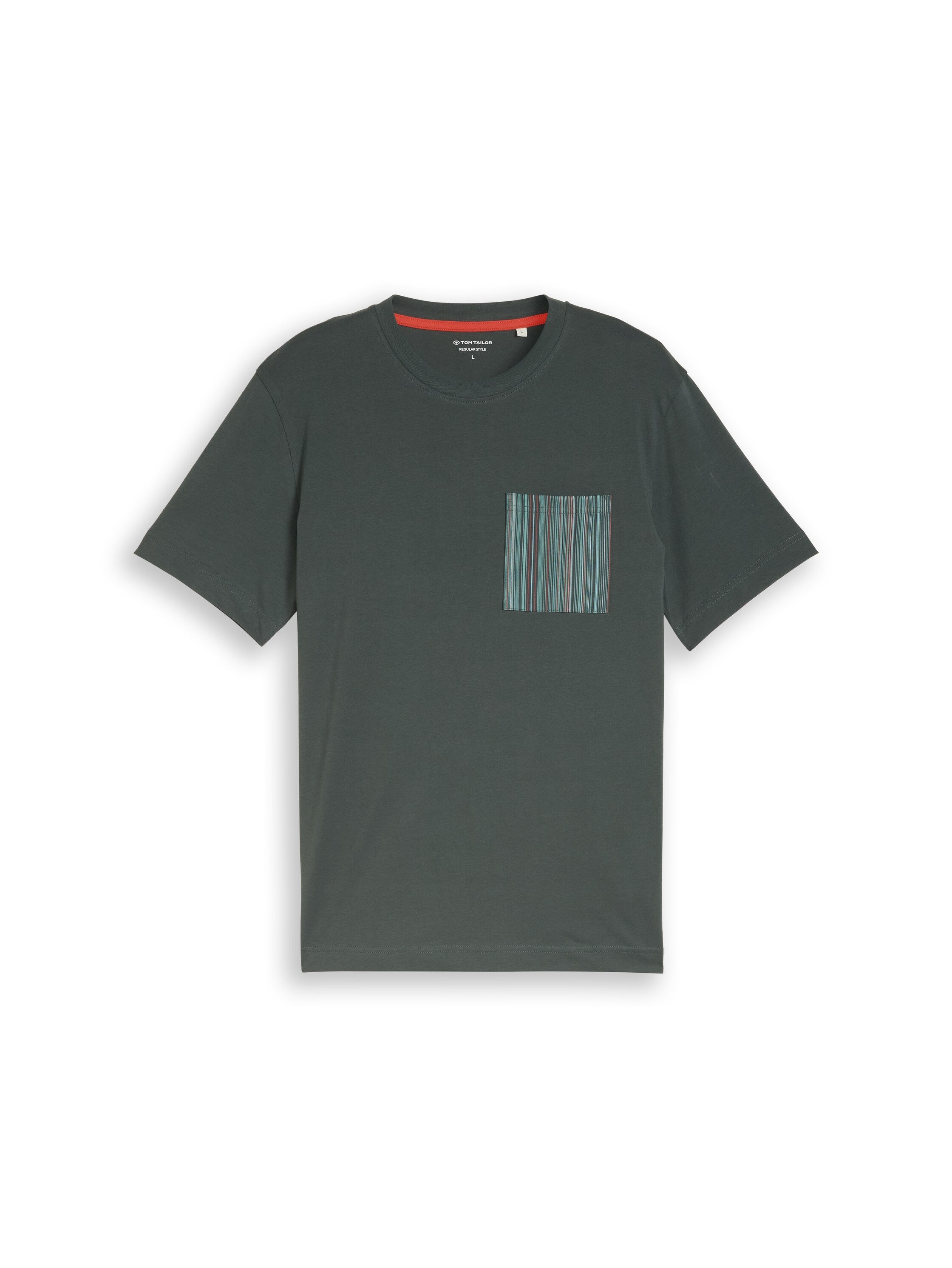 Tom Tailor Darkest Olive T-shirt With Crew Neck & Patch Chest Pocket With Striped Print