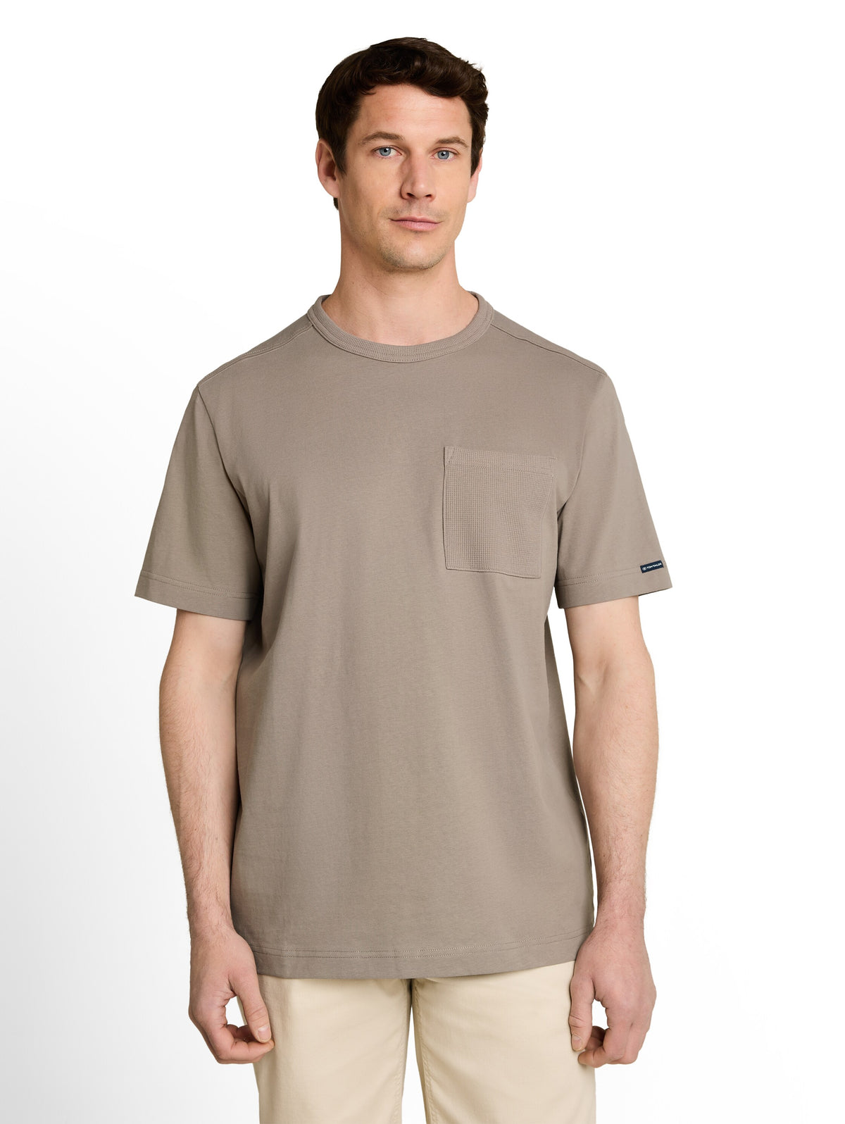Tom Tailor Driftwood Taupe Cotton T-Shirt with Chest Pocket