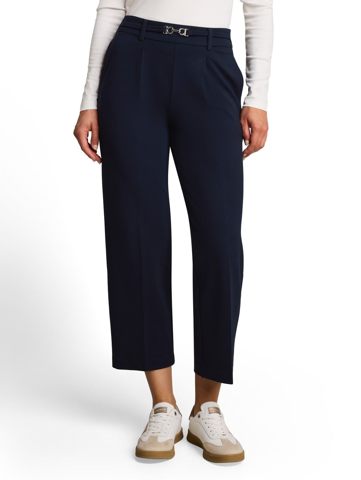 Tom Tailor Navy Cropped Straight-Leg Trousers With A Belt