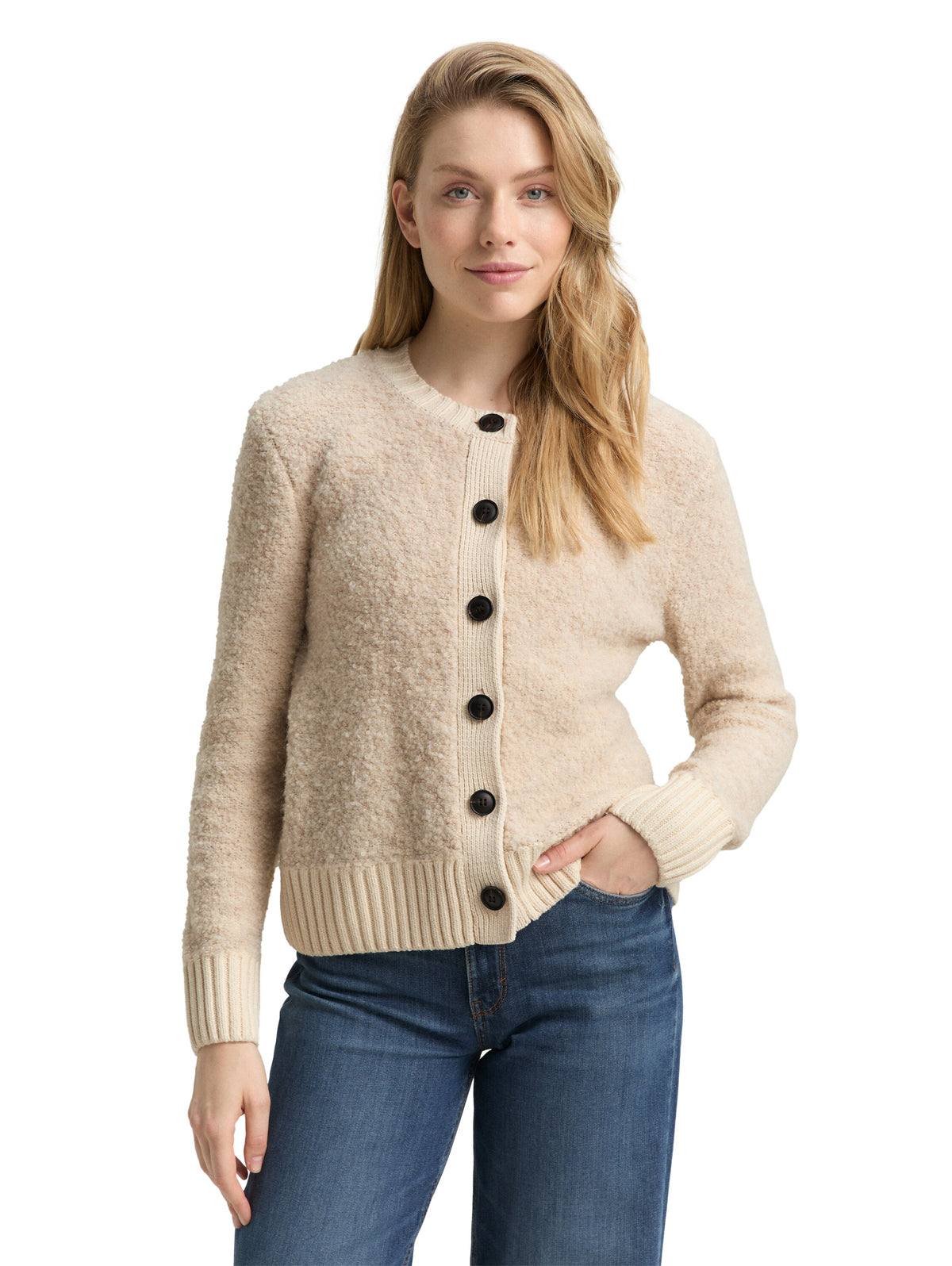 Tom Tailor Beige Bouclé Cardigan with Wool Content