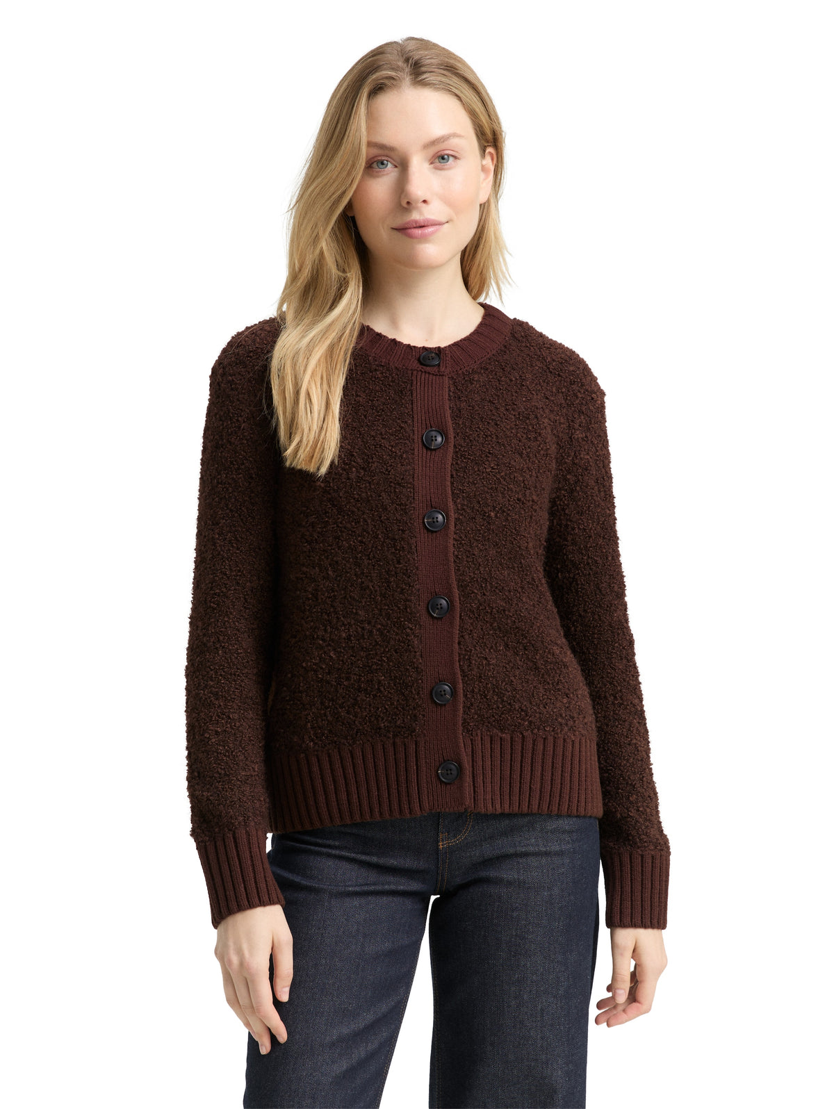 Tom Tailor Dark Brown Bouclé Cardigan with Wool Content