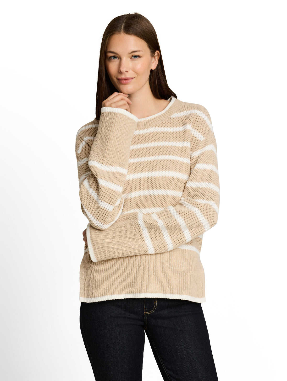 Tom Tailor Beige Oversized knitted Jumper With A Striped Pattern Pullover