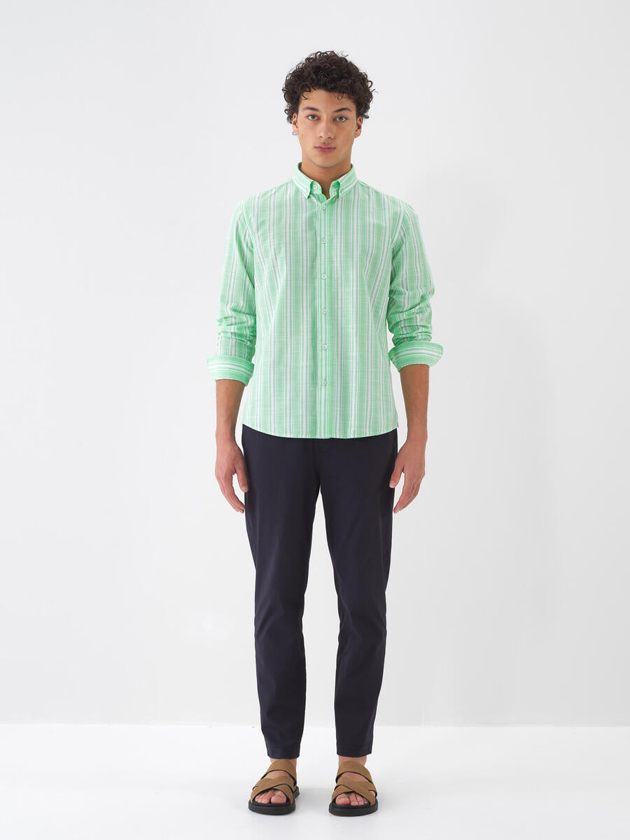 Xint Long Sleeves Striped Cotton Green Shirt