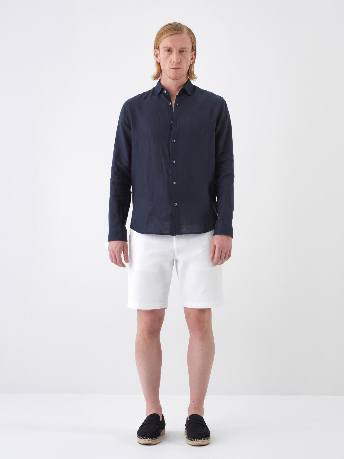 Xint Navy Regular Fit Linen Long Sleeved Shirt
