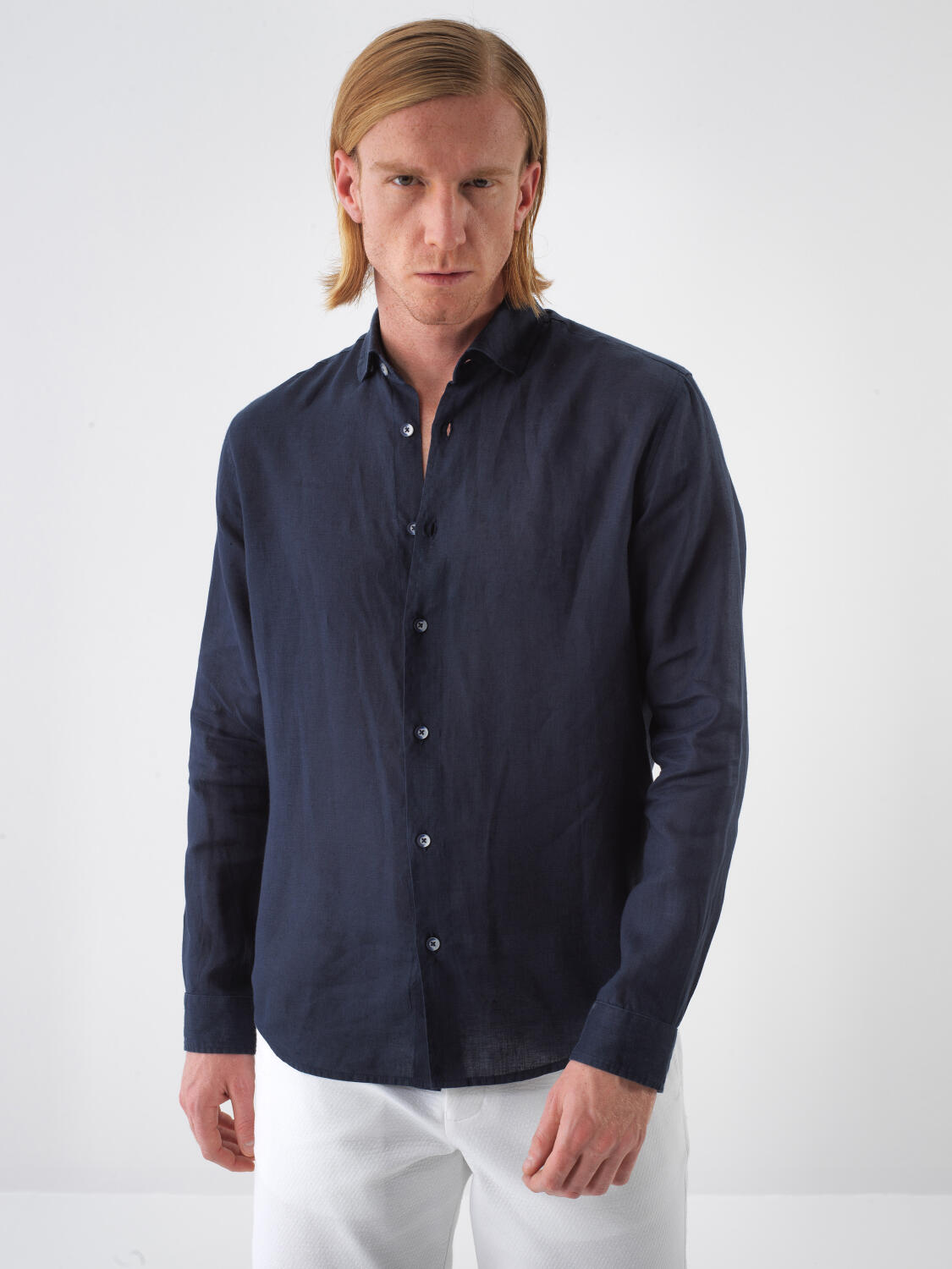 Xint Navy Regular Fit Linen Long Sleeved Shirt