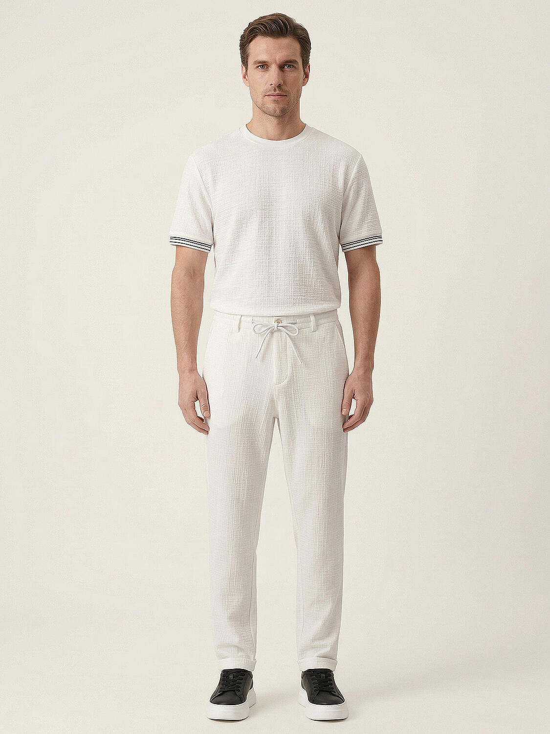 Xint White Cotton Textured Regular Fit Pants