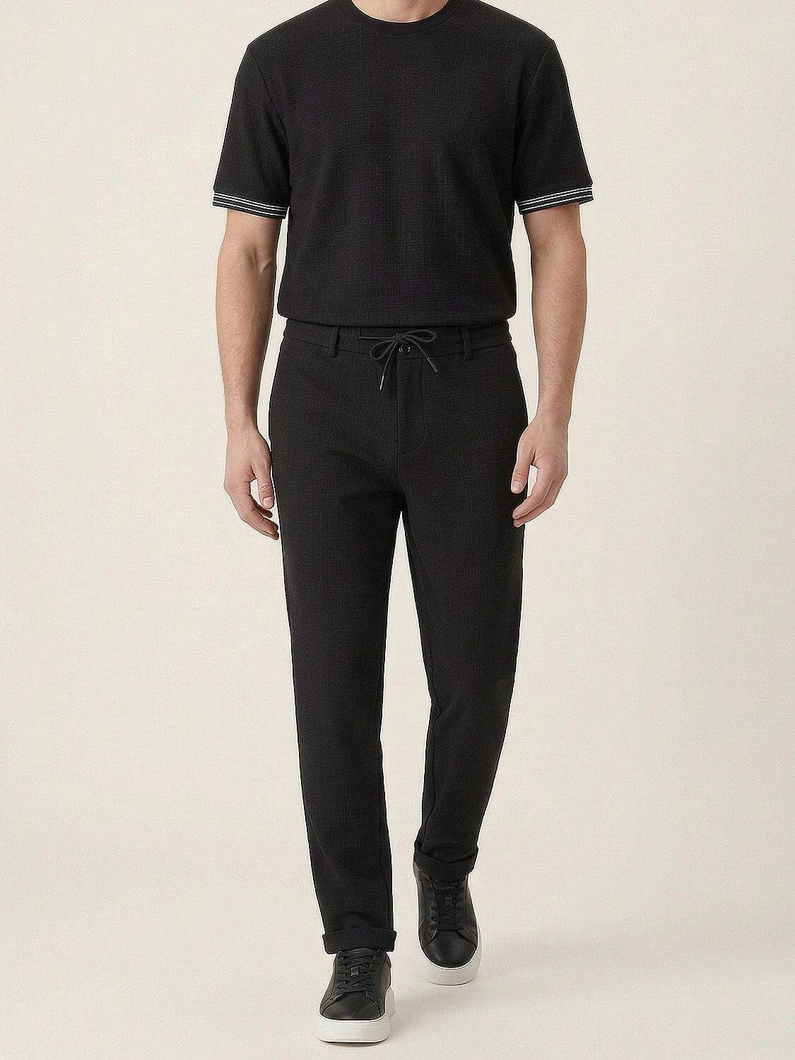 Xint Black Cotton Textured Regular Fit Pants