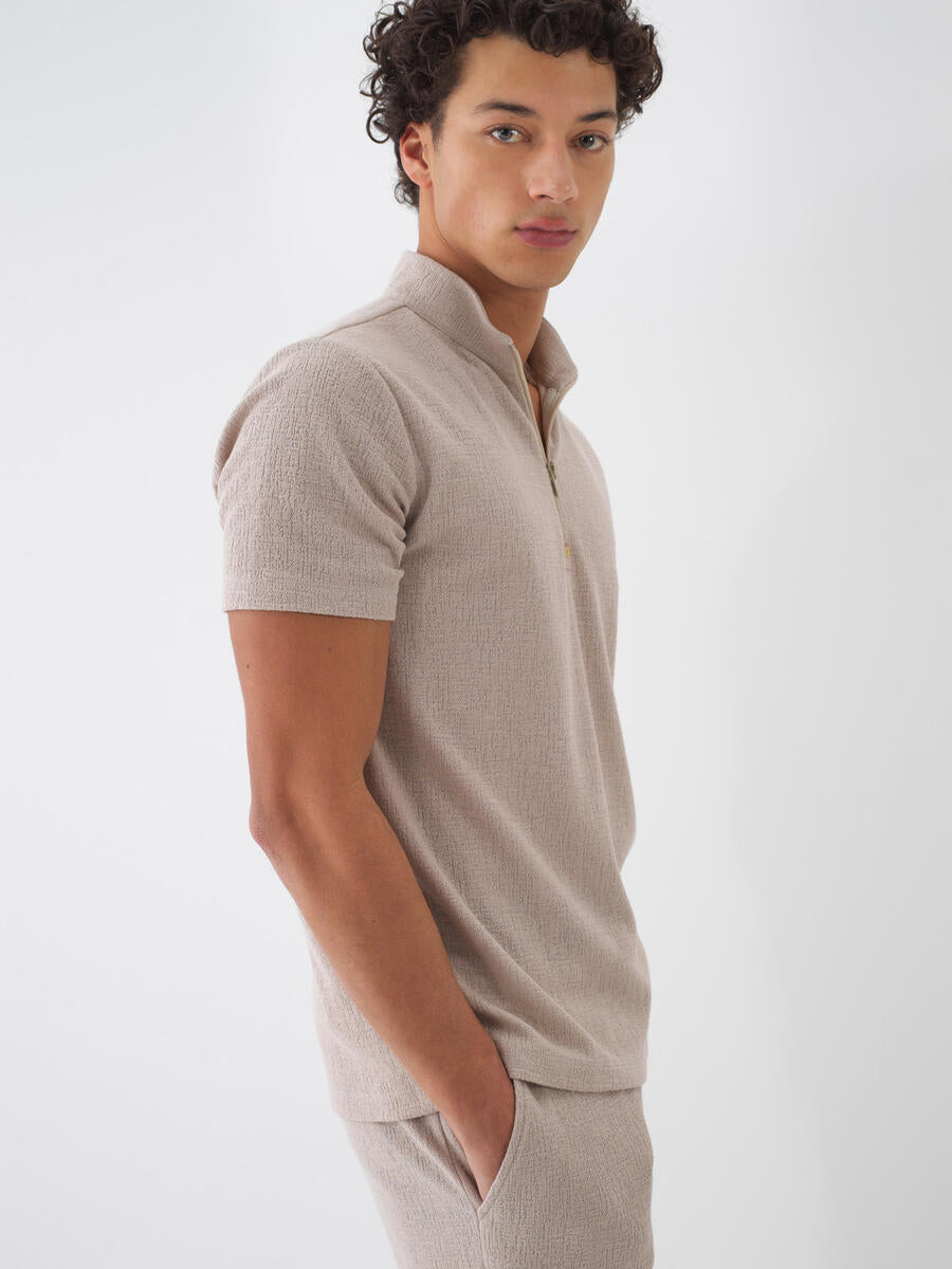 Xint Beige Cotton T-Shirt With Zipped Collar
