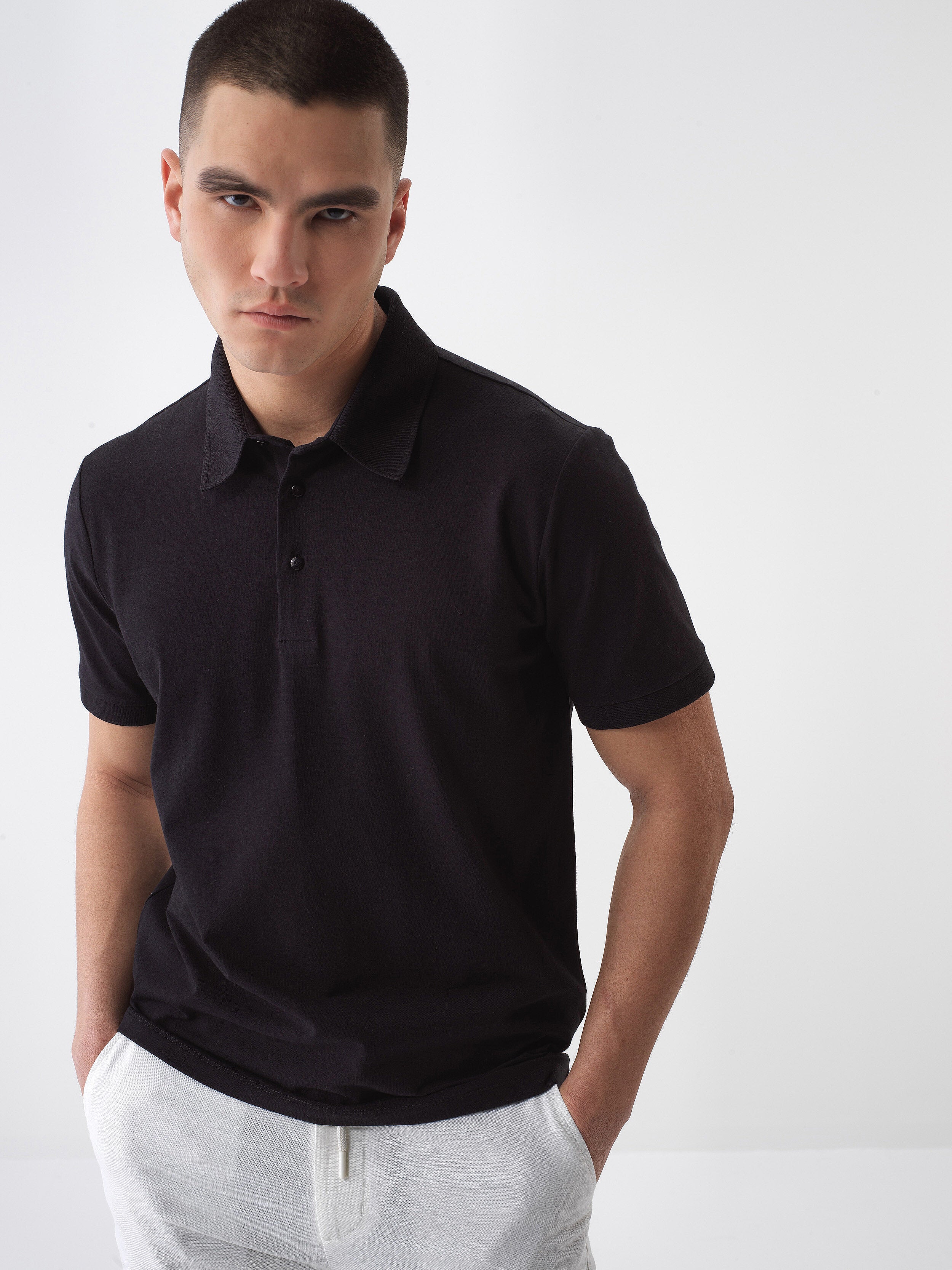 Xint Black Cotton Textured Slim Fit Polo