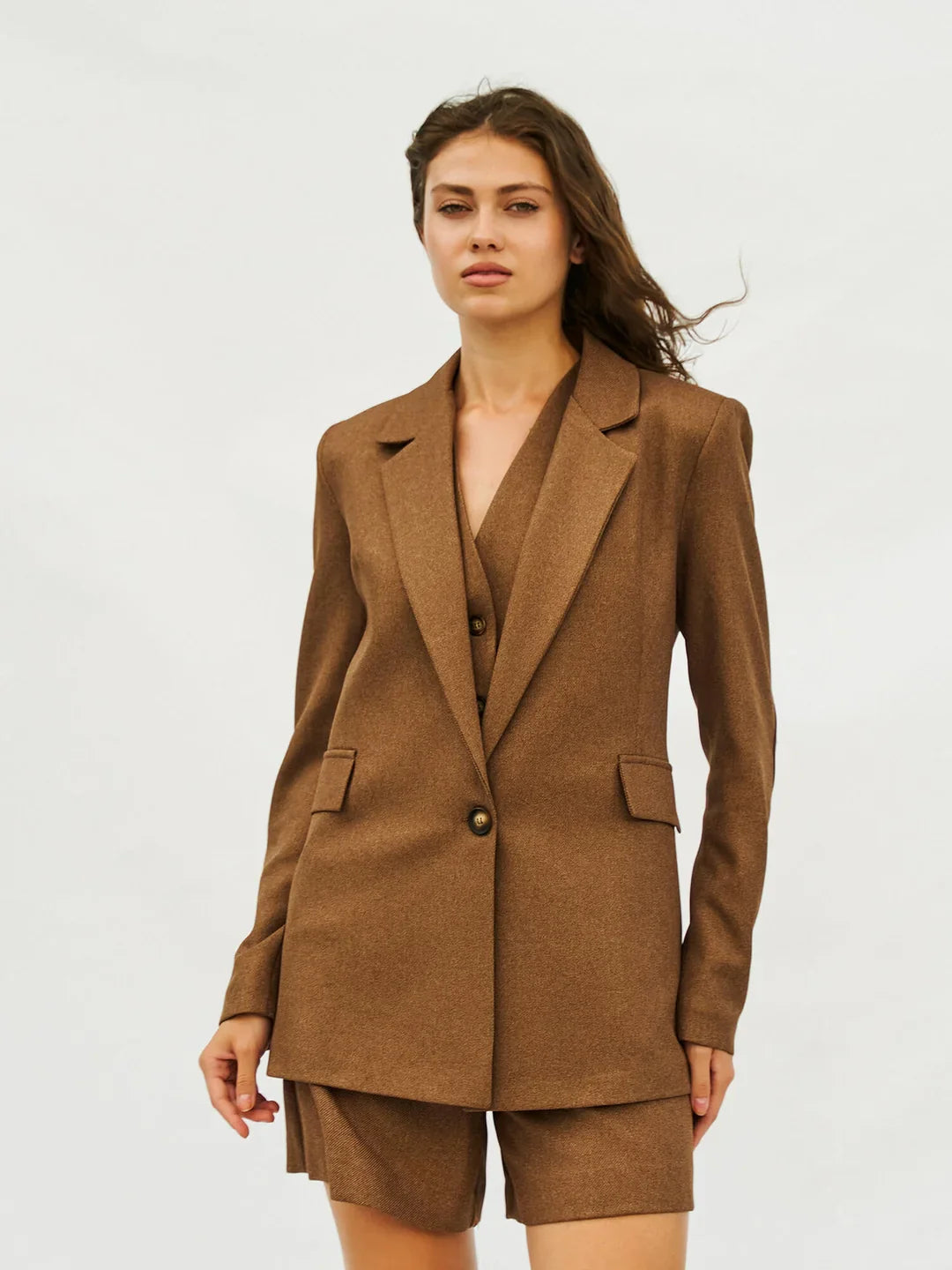 Lefon One Button Brown Blazer With Pocket Flap