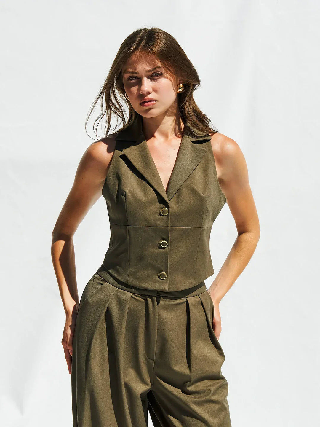 Lefon Front Button Olive Vest
