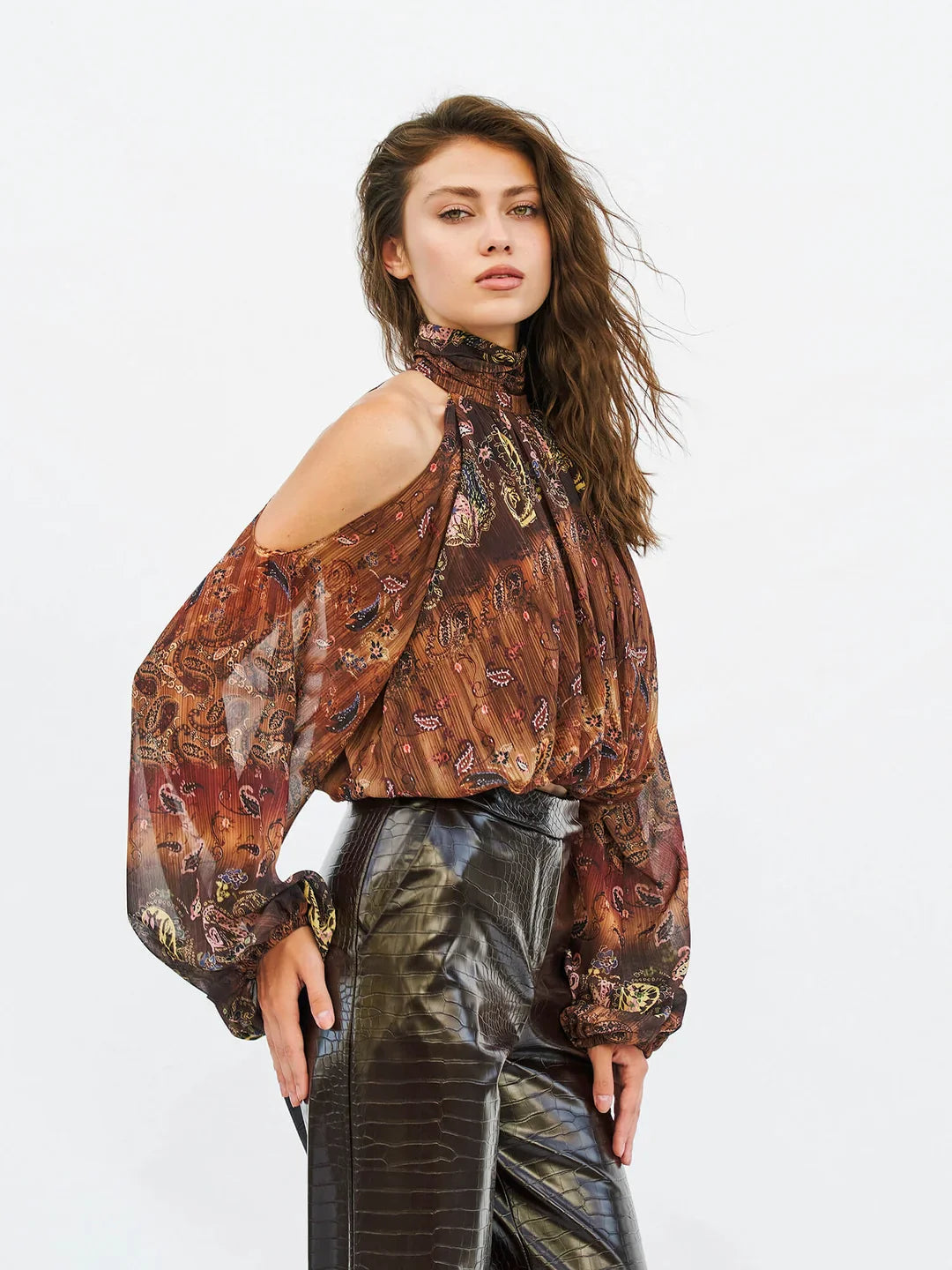 Lefon Off-The-Shoulder Elastic Waist Brown Top
