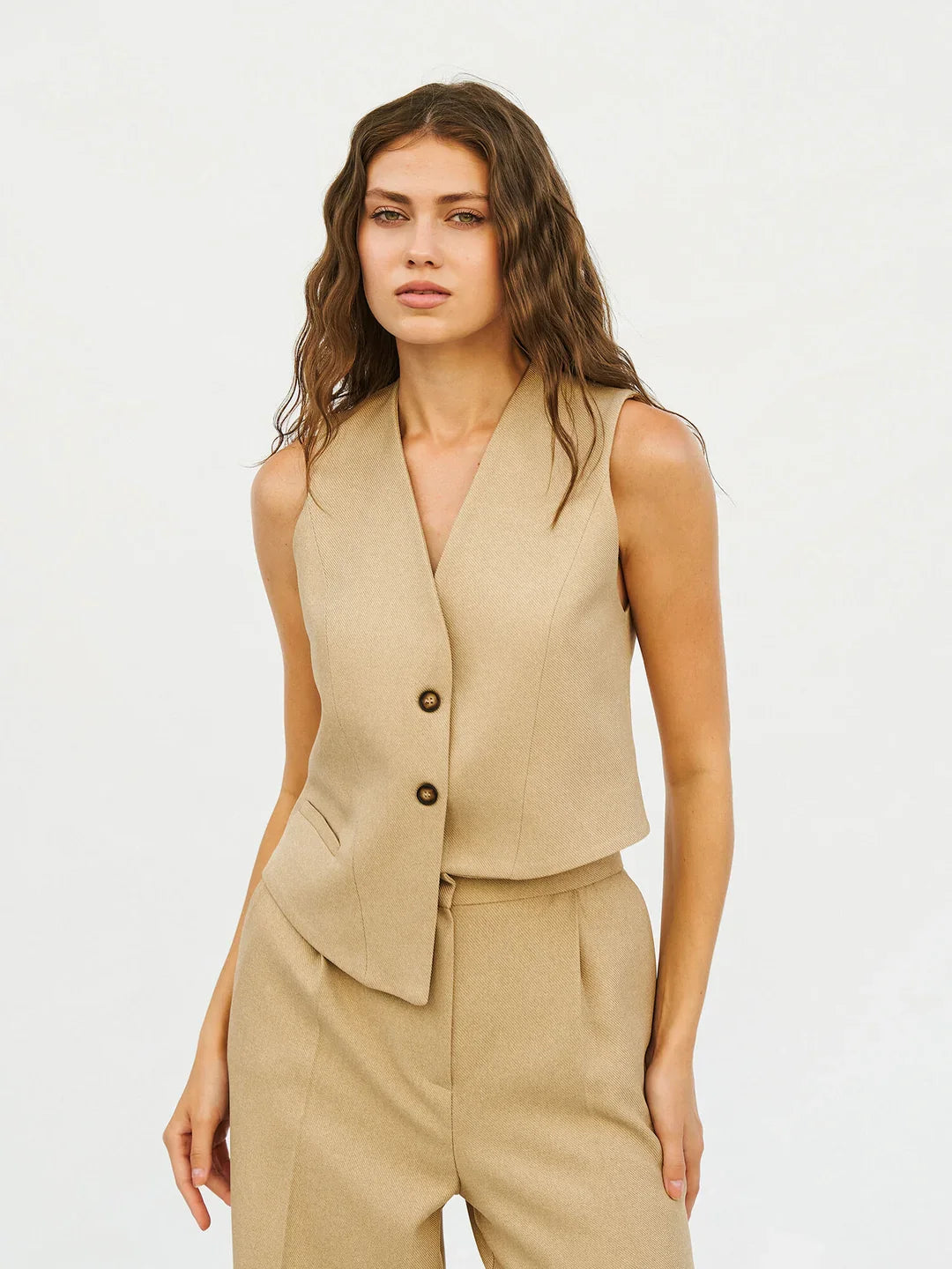 Lefon Asymmetrical Cut Beige Vest