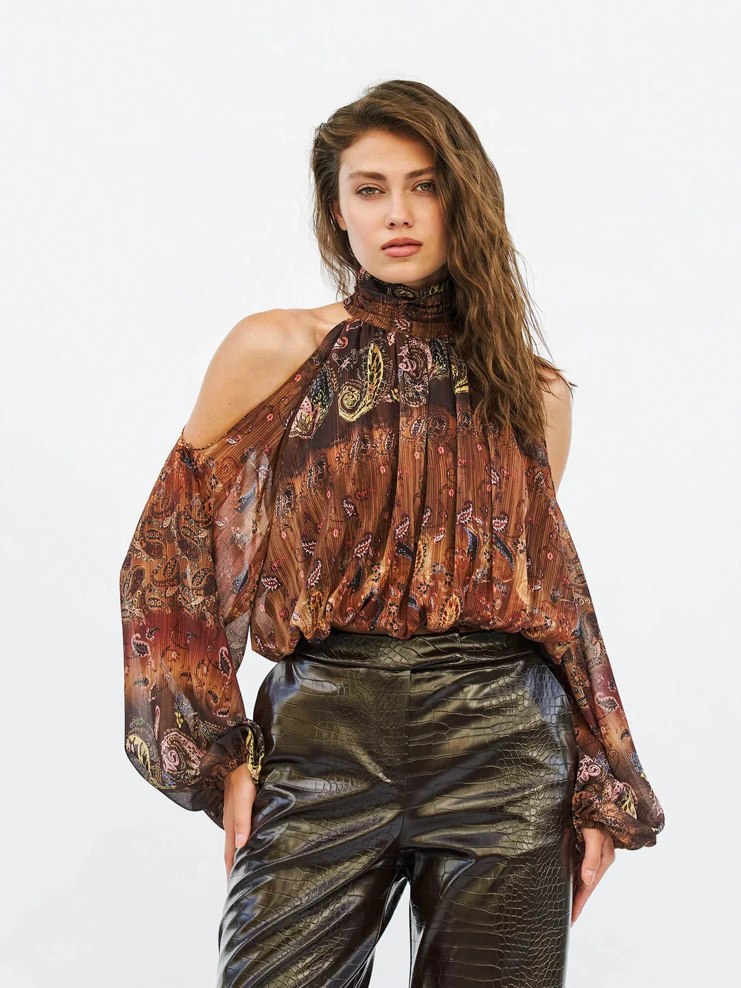 Lefon Off-The-Shoulder Elastic Waist Brown Top