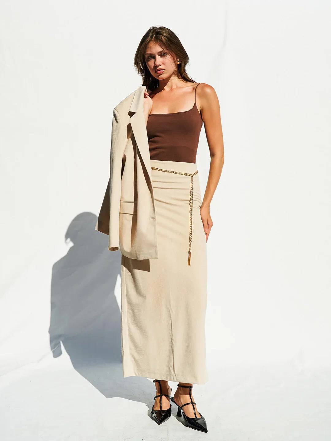Lefon Straight Cut Beige Skirt With Slits