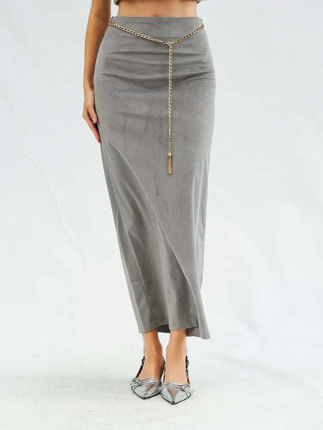 Lefon Straight Cut Grey Skirt With Slits