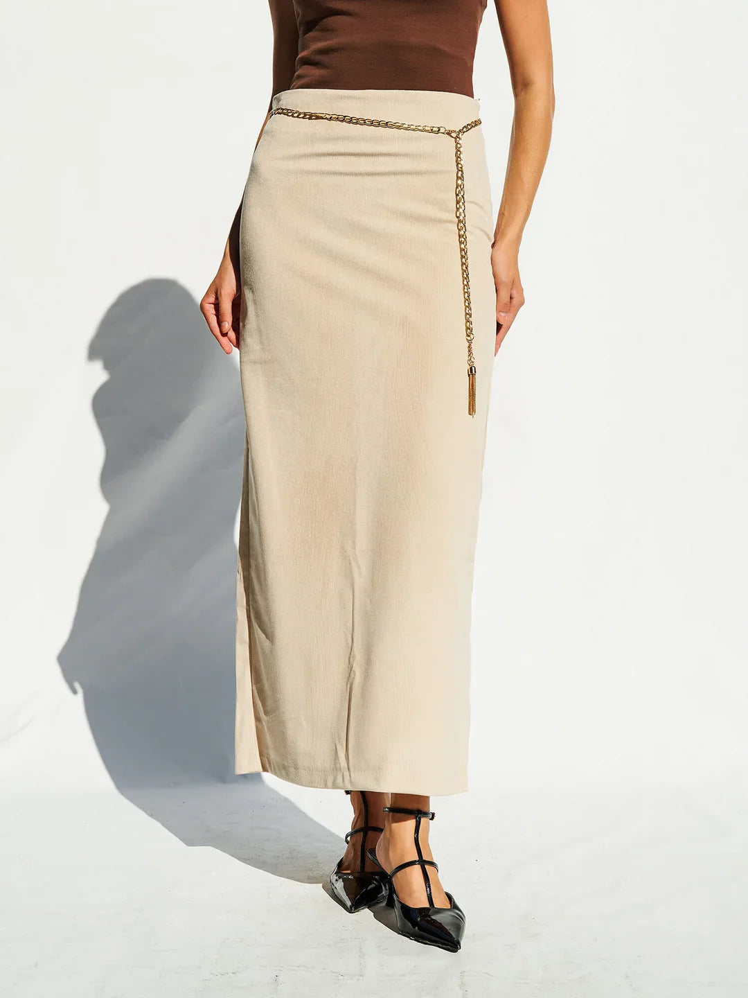 Lefon Straight Cut Beige Skirt With Slits