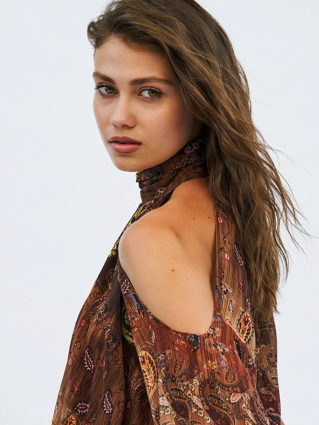 Lefon Off-The-Shoulder Elastic Waist Brown Top