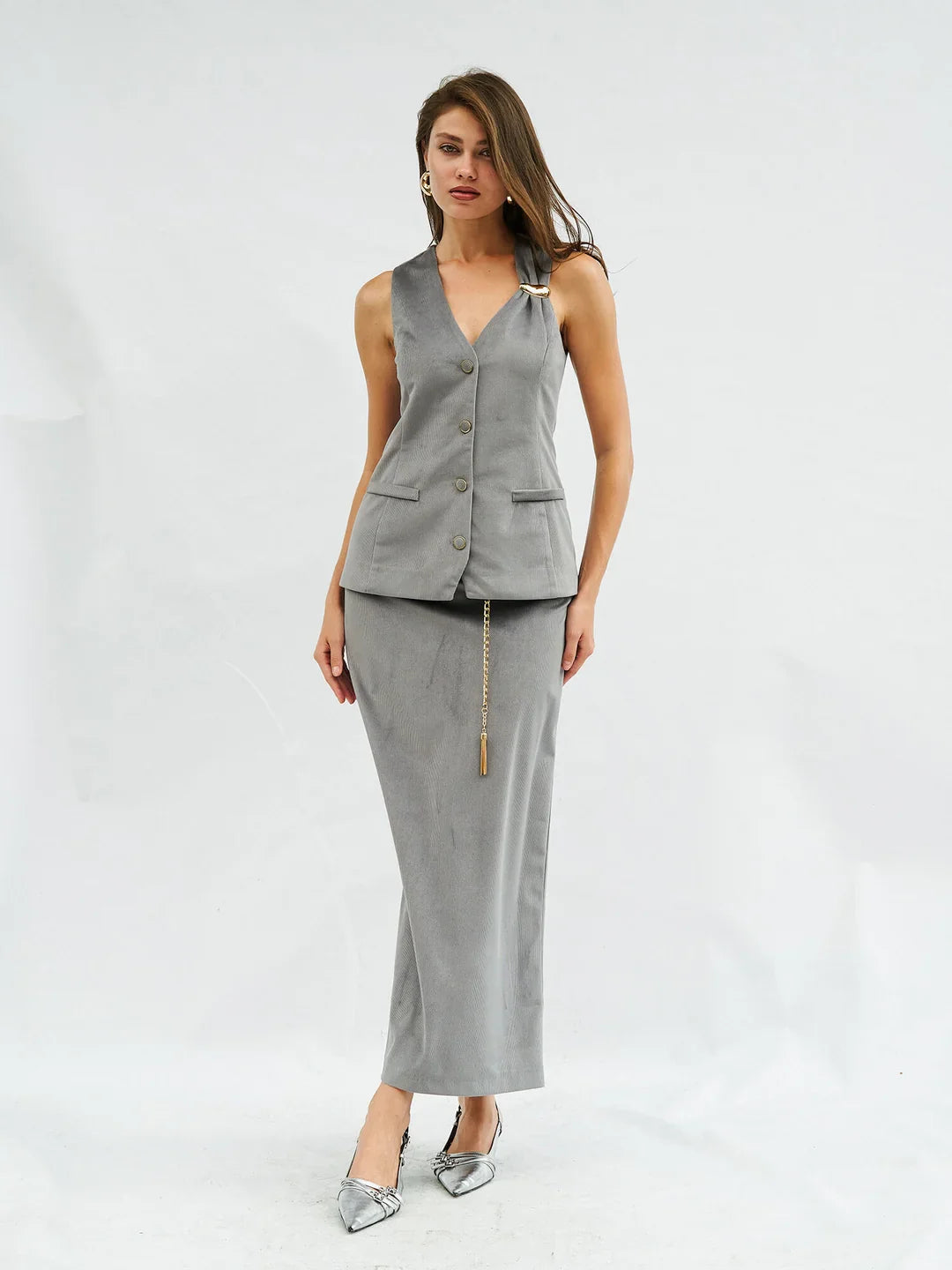 Lefon Straight Cut Grey Skirt With Slits