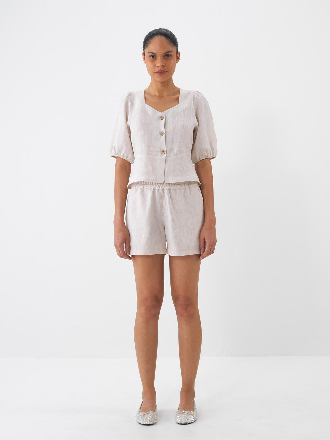 Xint Beige Regular Fit Linen Top
