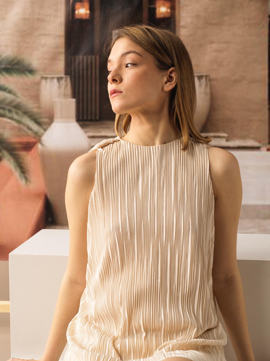 Xint Beige Mini Dress With Asymmetric Cape Back Design