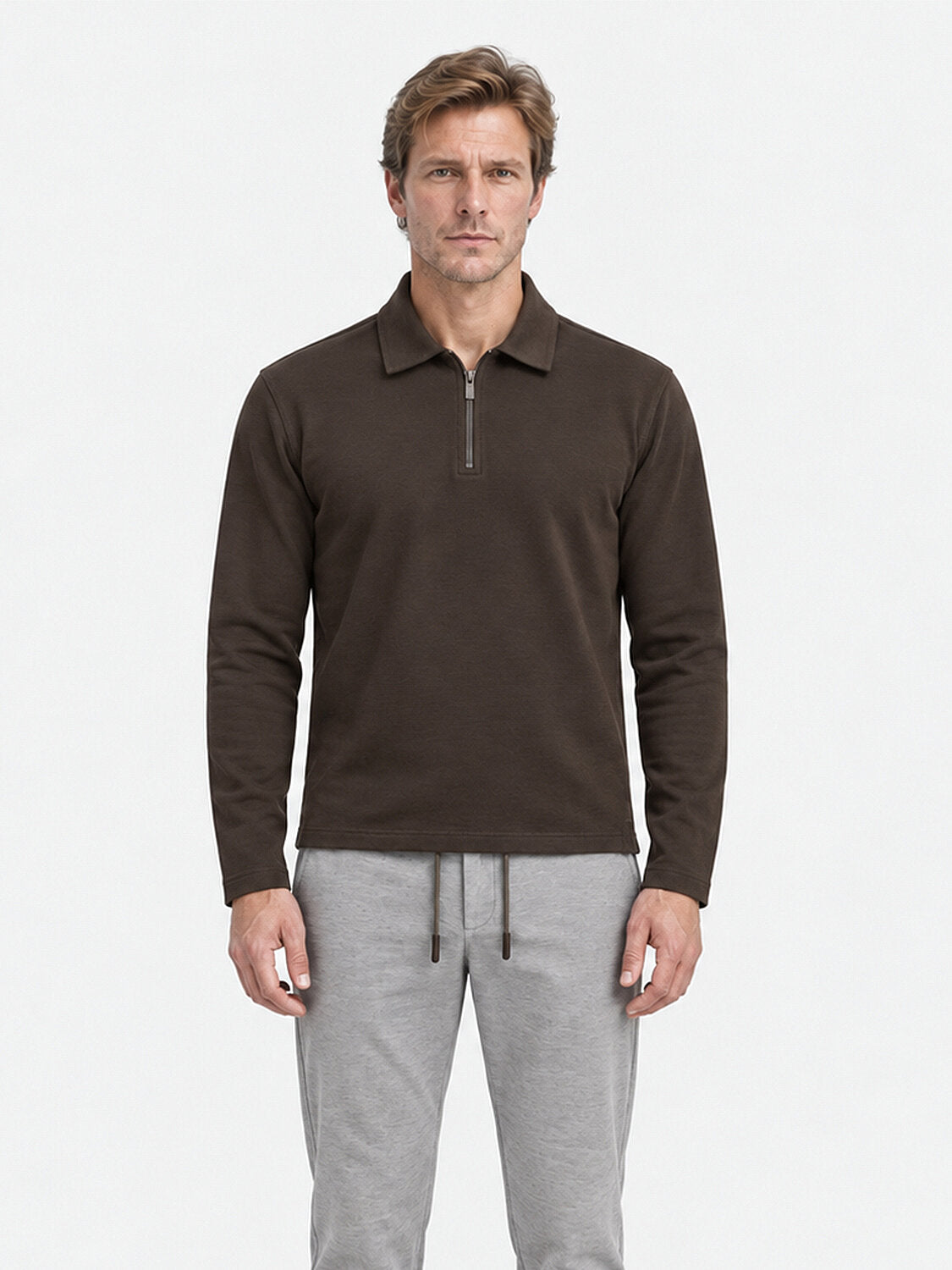 Dark Brown Long Sleeved Sweater With Quarter-Zipper