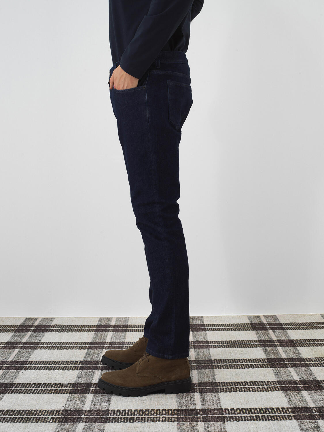 Xint Navy Cotton Textured Slim Fit Denim Trousers