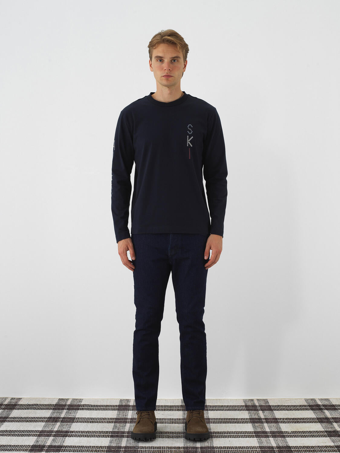 Xint Navy Cotton Textured Slim Fit Denim Trousers