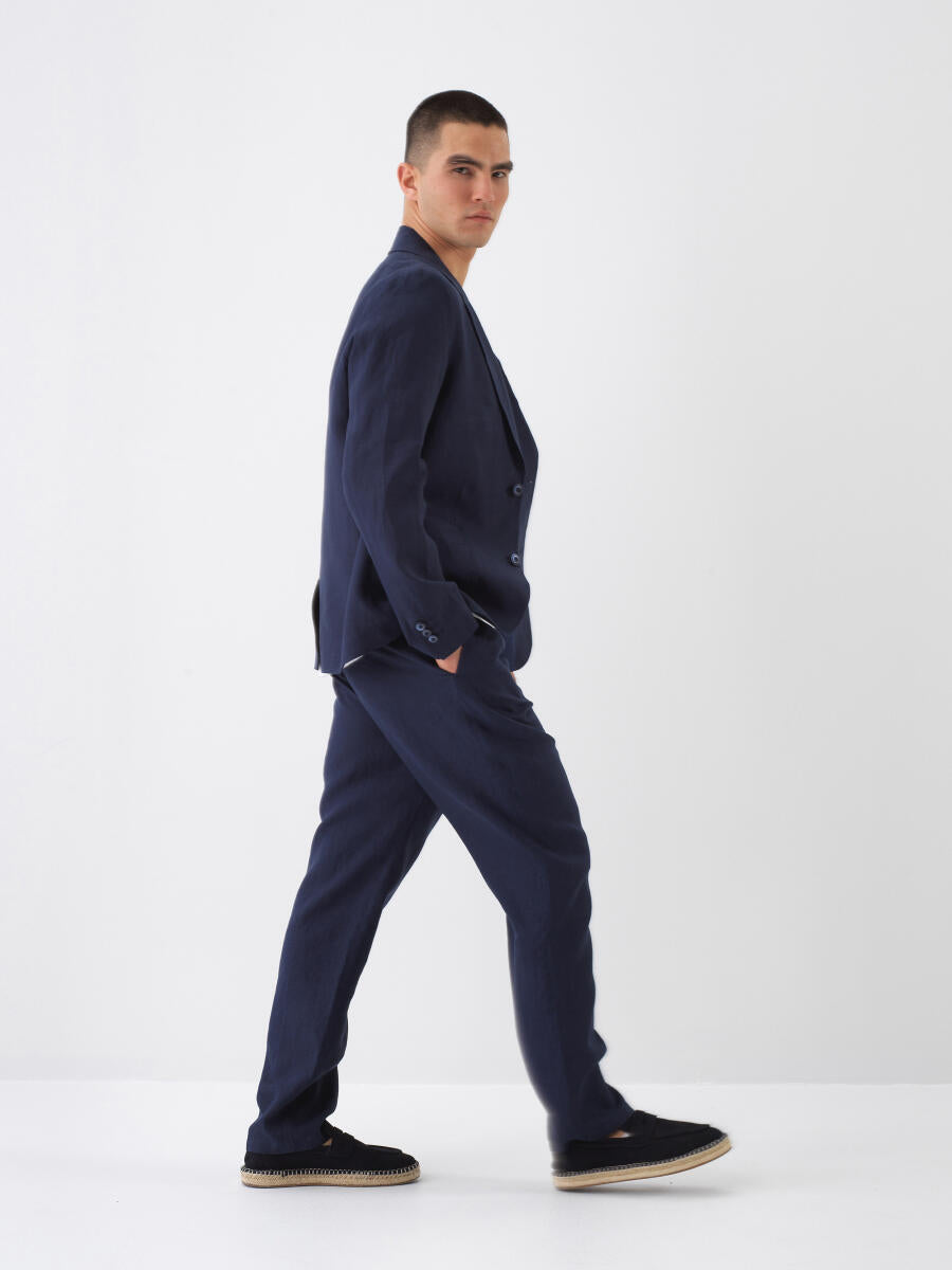 Xint Navy Linen Blazer With Chest Pocket