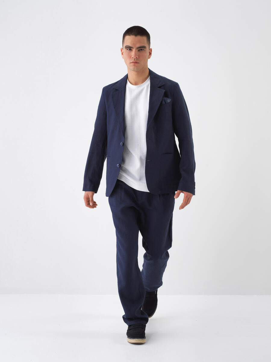 Xint Navy Linen Blazer With Chest Pocket