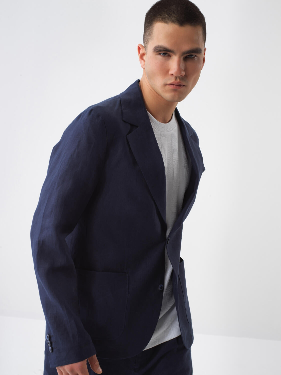 Xint Navy Linen Blazer With Chest Pocket