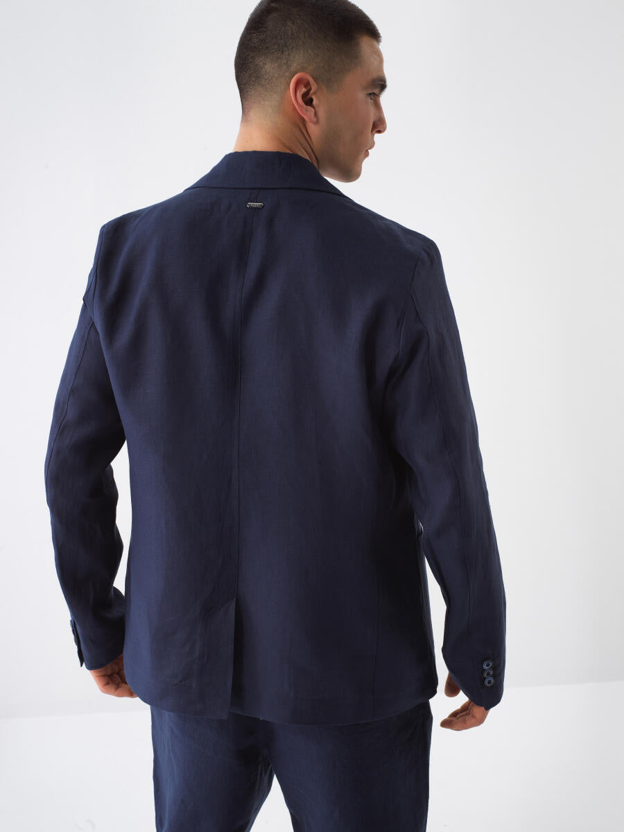 Xint Navy Linen Blazer With Chest Pocket