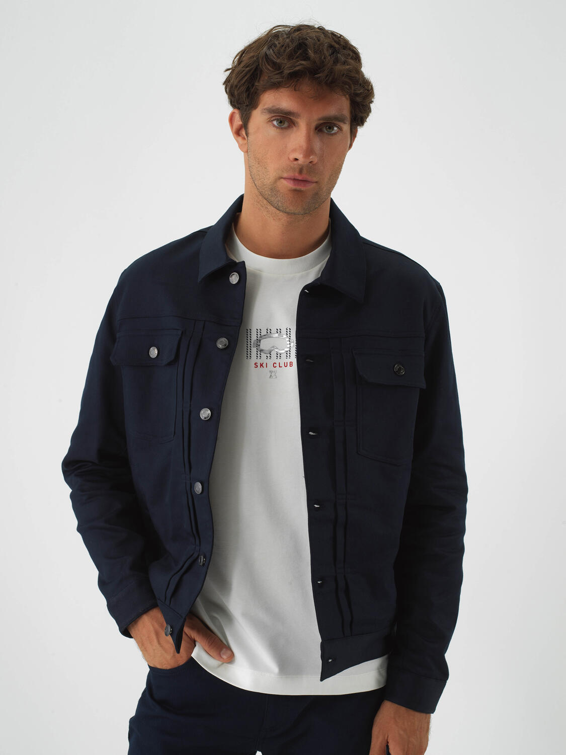 Xint Navy Cotton Textured Regular Fit Jacket