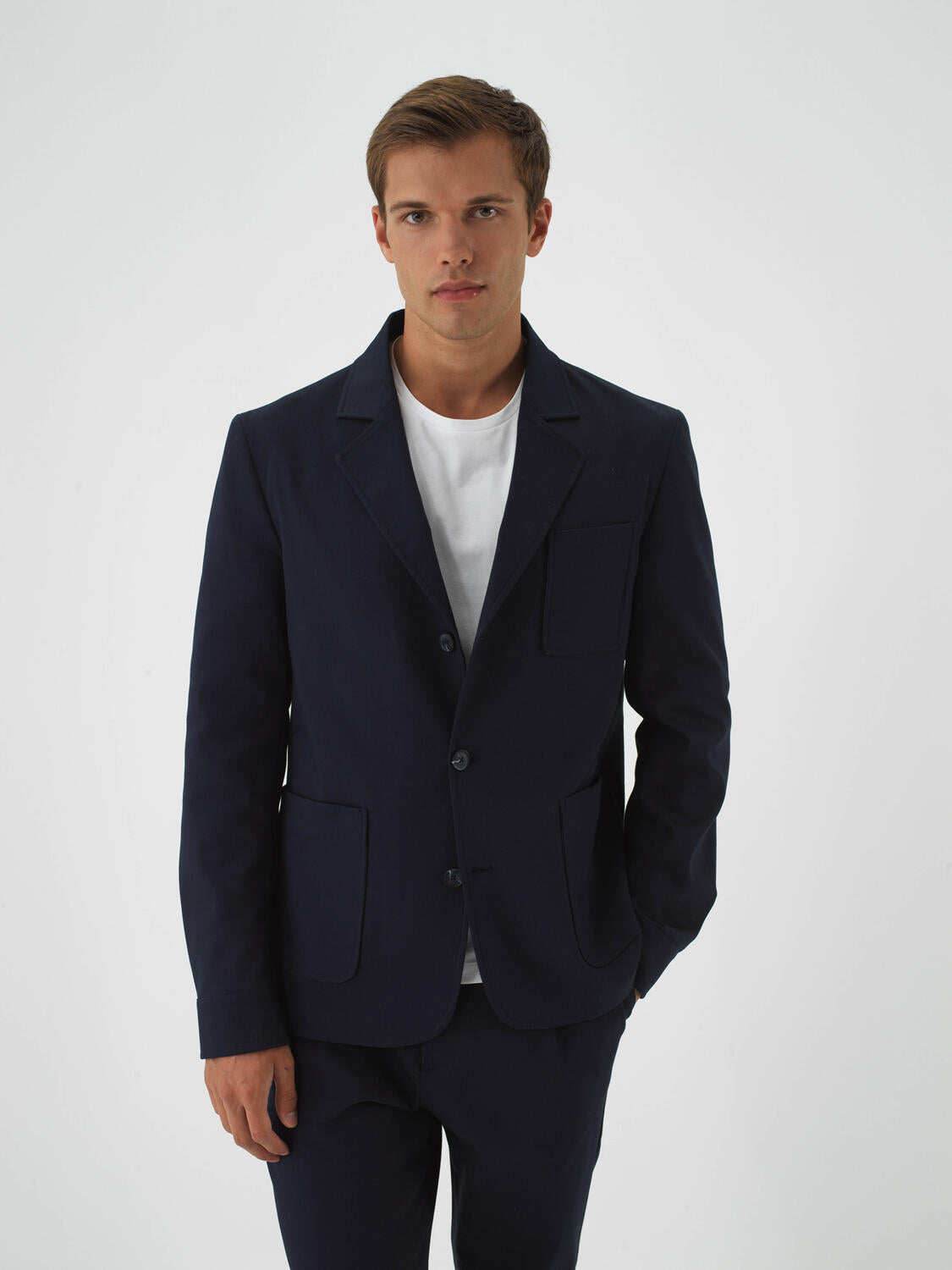 Xint Navy Cotton Textured Regular Fit Jacket