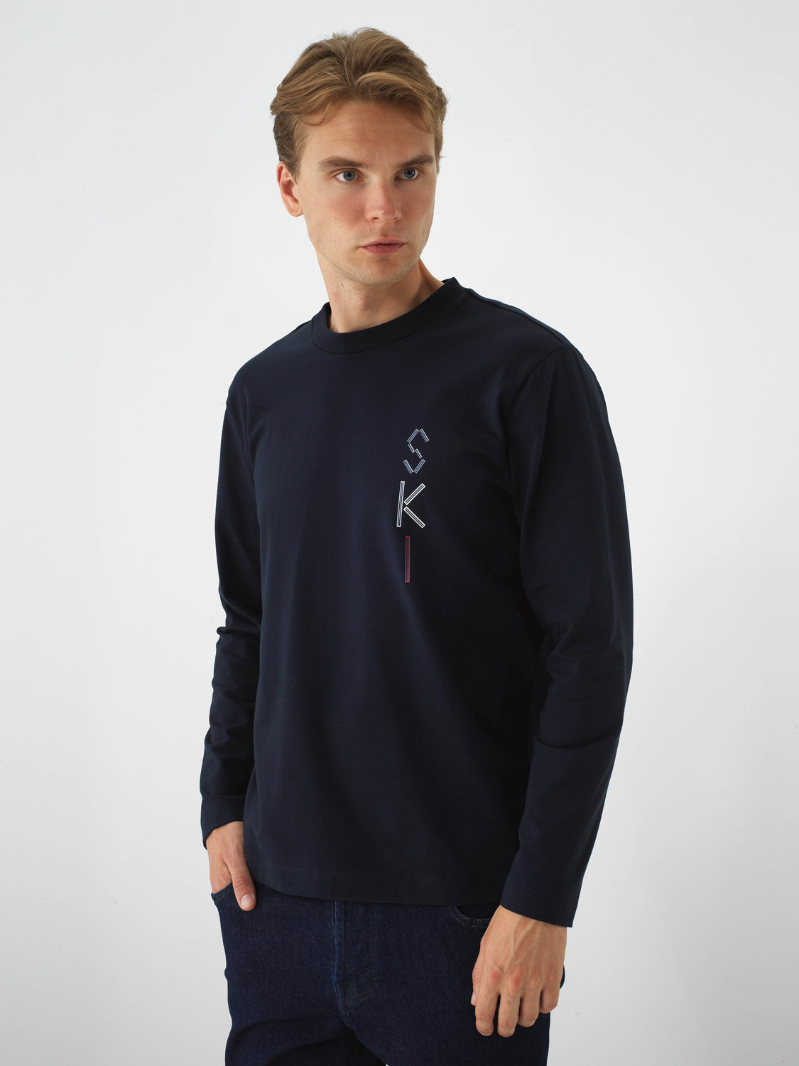 Xint Navy Cotton Long Sleeve Regular Fit Pullover