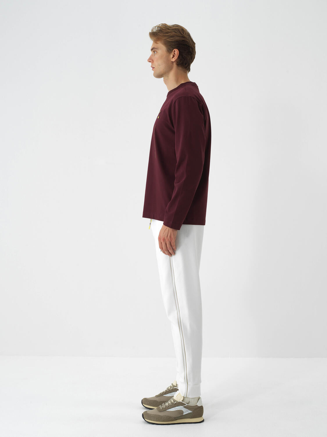 Xint Burgundy Cotton Textured Regular Fit Long Sleeve T-shirt