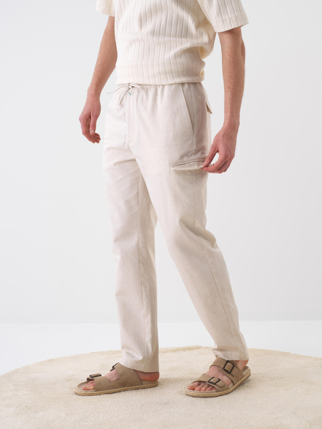 Xint Beige Regular Fit Linen Pant With Elastic Waist