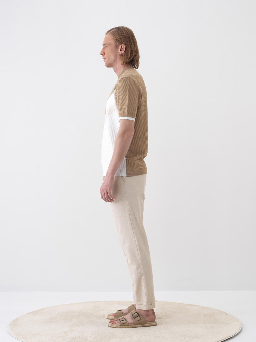 Xint Beige Slim Fit Linen Pant With Elastic Waist