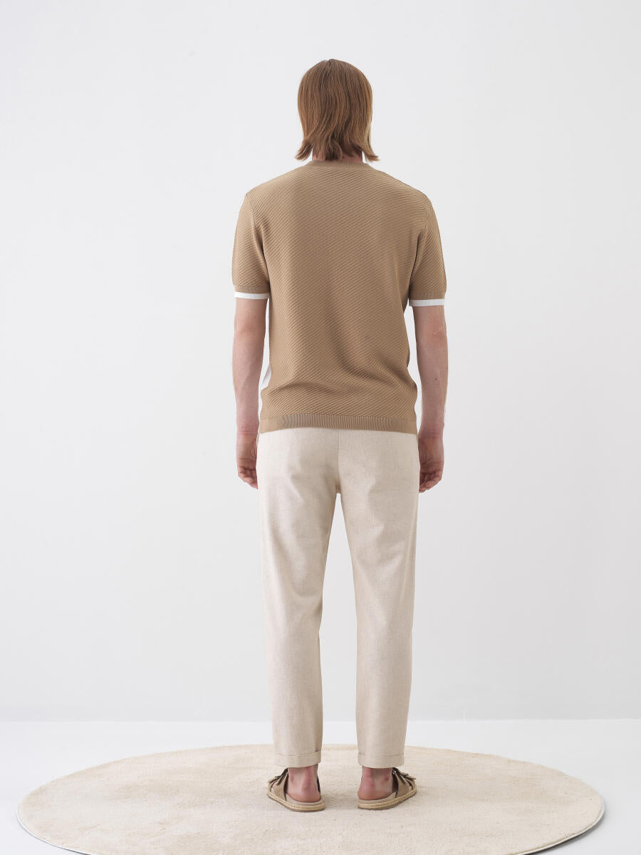 Xint Beige Slim Fit Linen Pant With Elastic Waist