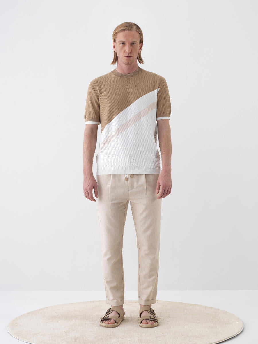 Xint Beige Slim Fit Linen Pant With Elastic Waist
