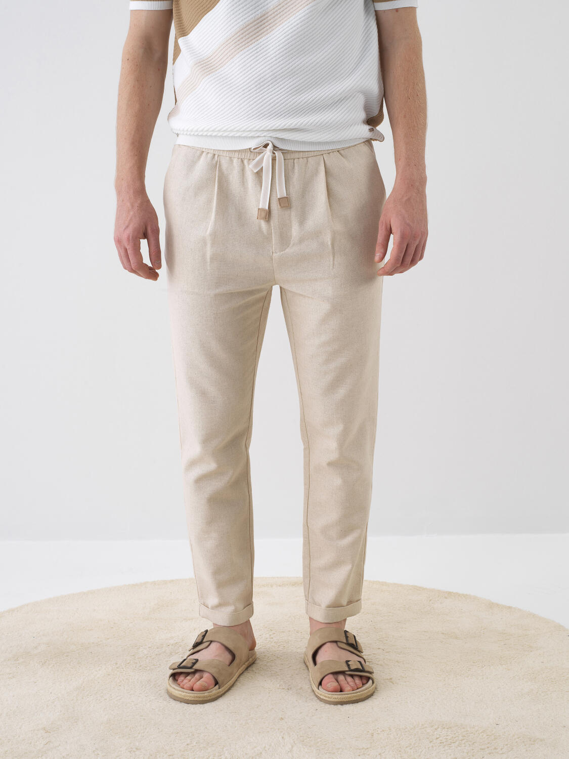 Xint Beige Slim Fit Linen Pant With Elastic Waist
