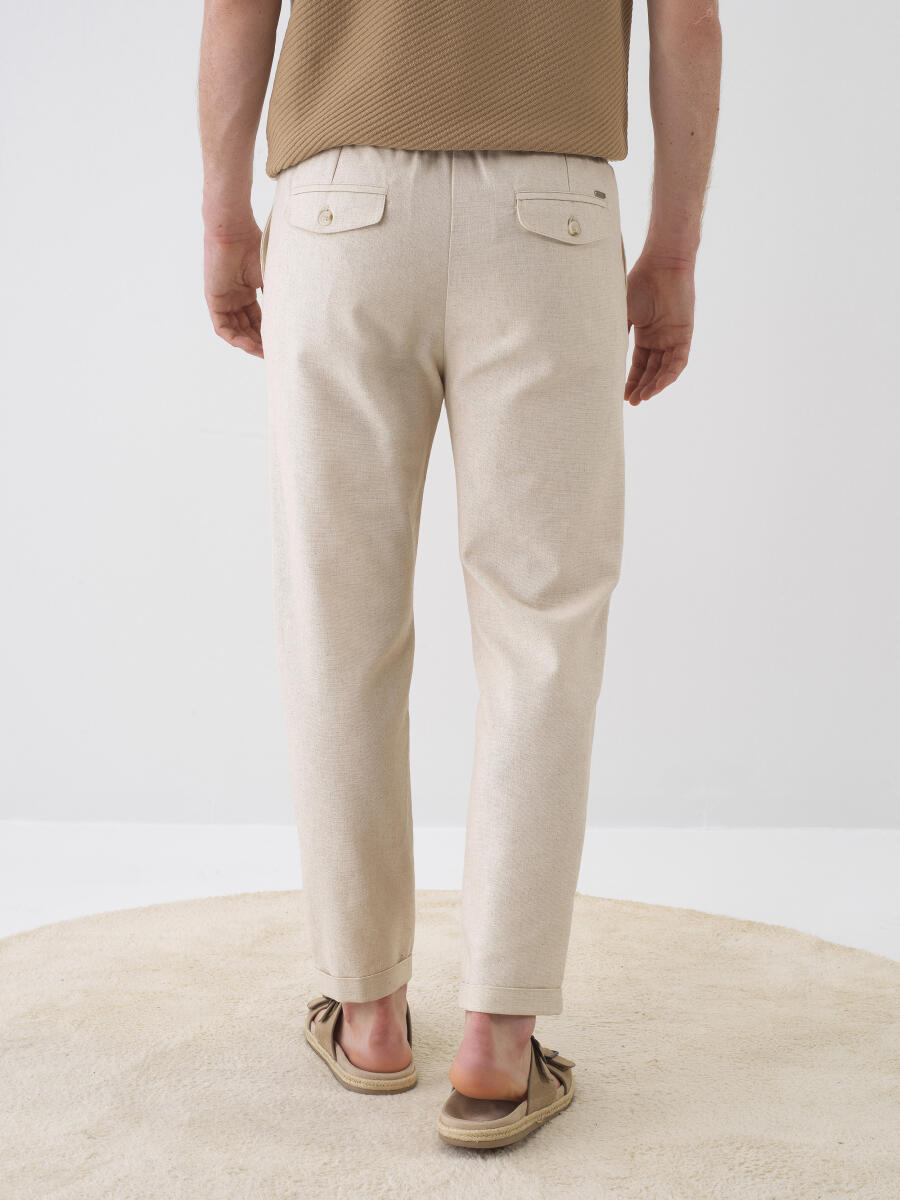 Xint Beige Slim Fit Linen Pant With Elastic Waist